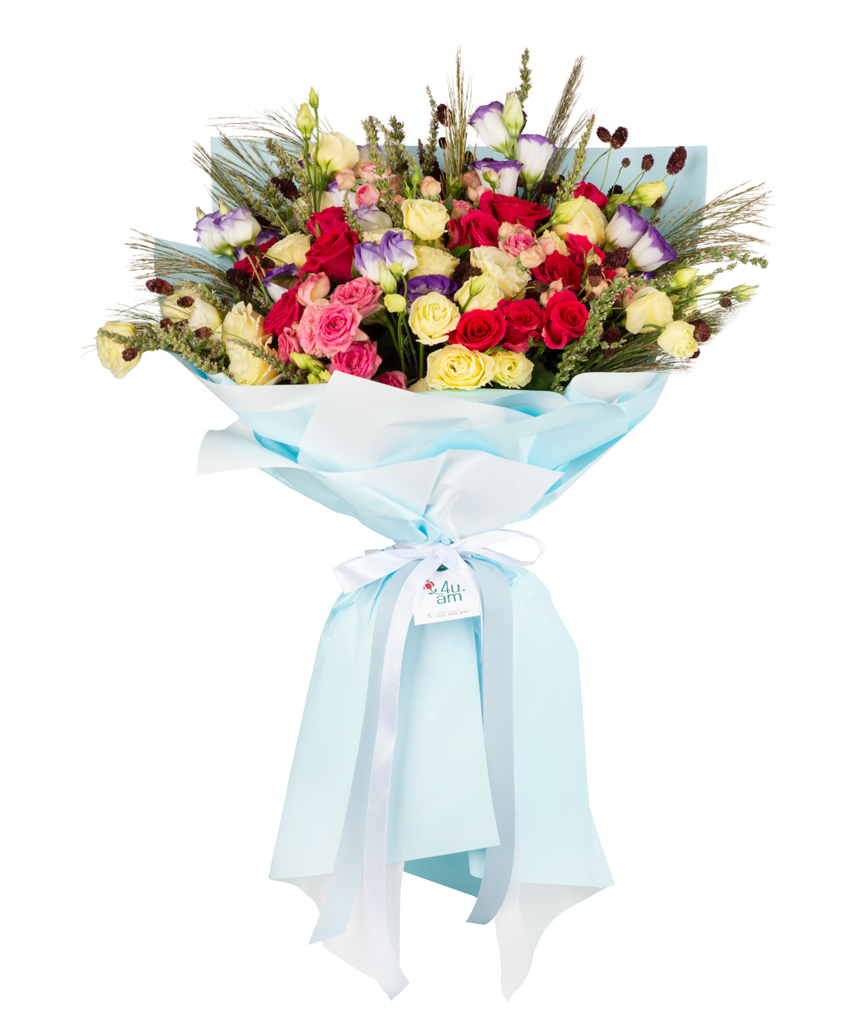 Ծաղկեփունջ «Blue fligh» վարդերով, փնջային վարդերով, լիզիանտուսներով և չորածաղիկներով