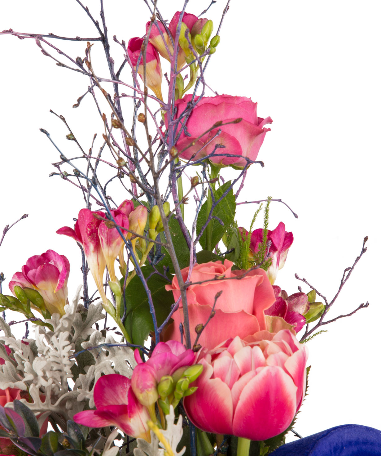 Composition `Birzai` with roses, tulips and freesias