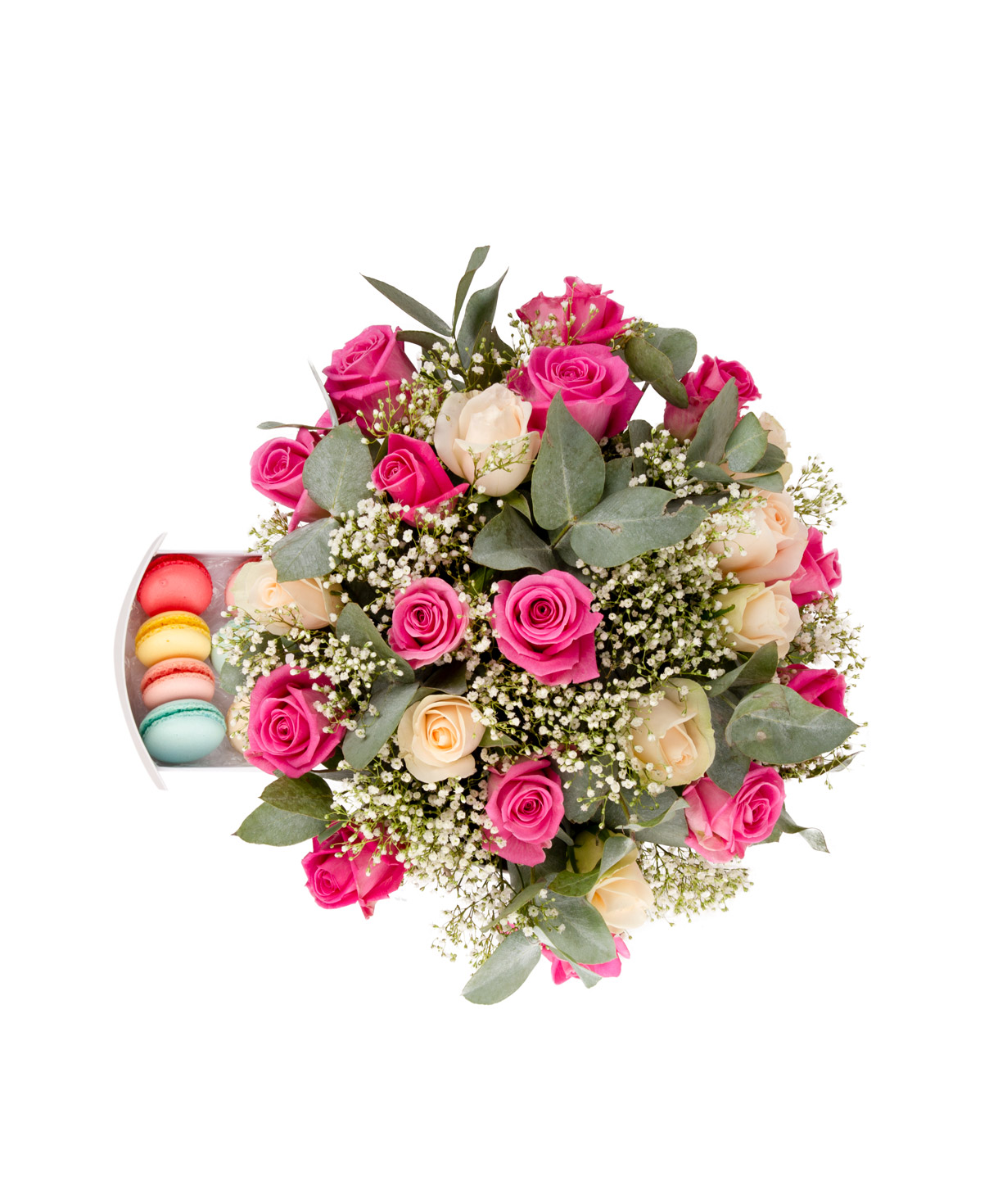 Composition `Delemon` with rose, gypsophila and sweets