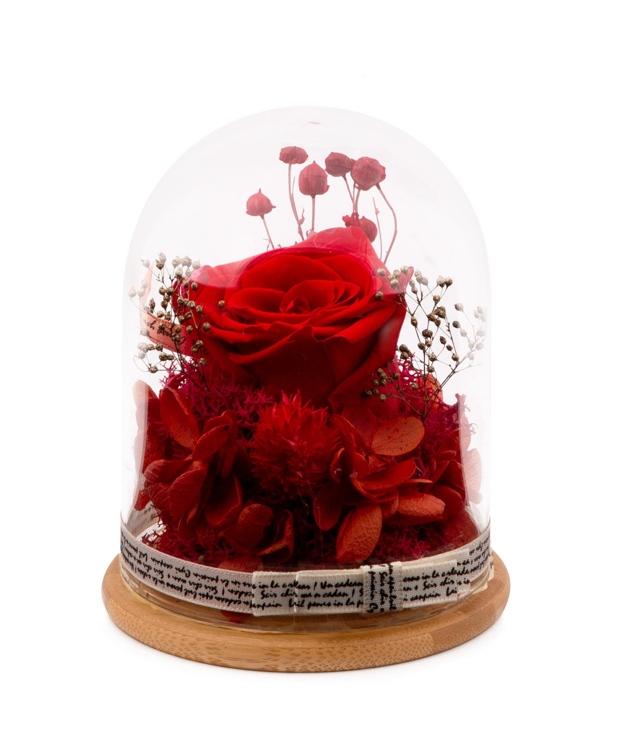 Композиция `EM Flowers` вечная роза и гортензия красная 13 см в колбе