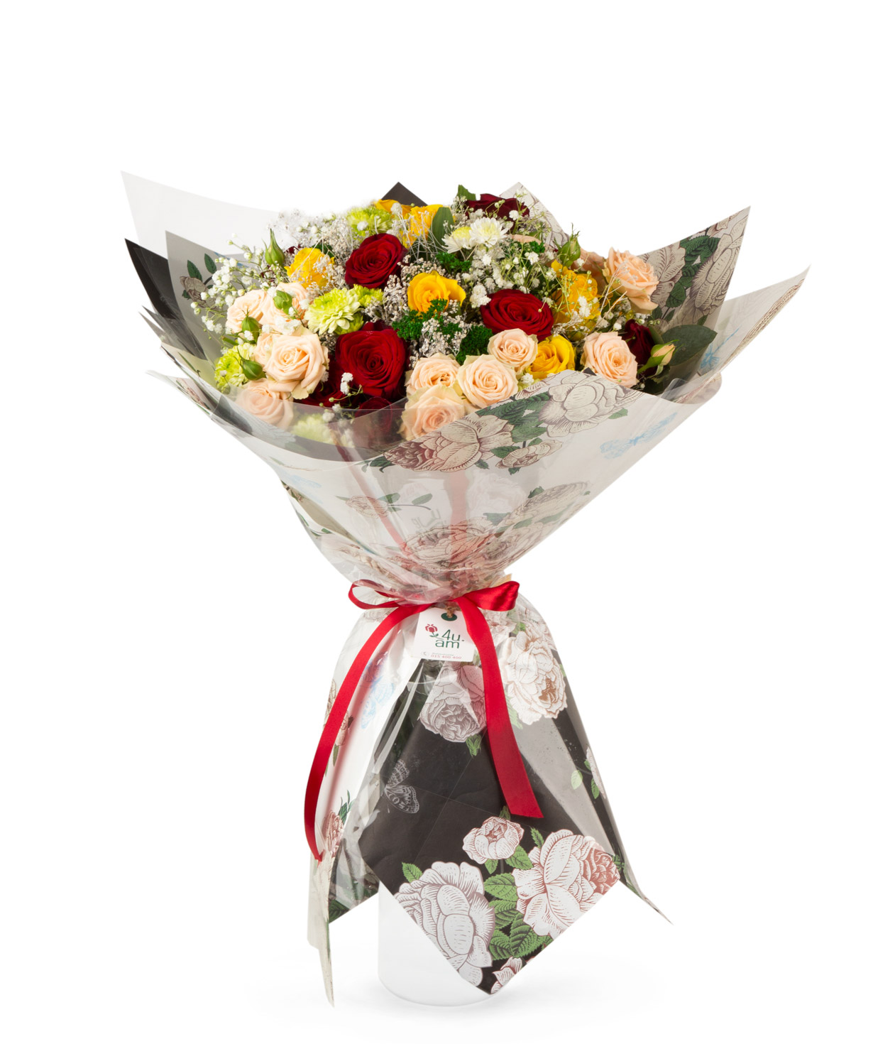Bouquet `Aswan` with roses and gypsophilias