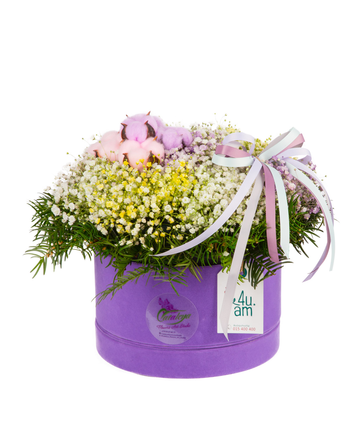 Композиция `Лиенц` с ватой и гипсофилой (засушенные цветы)