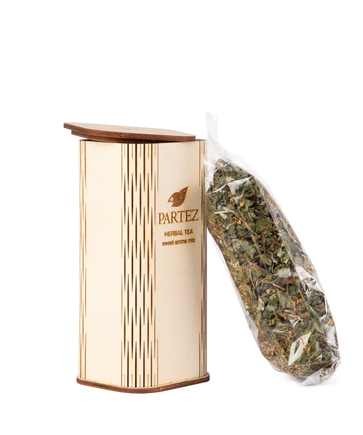 Tea `Partez` in a wooden souvenir box, sweet aroma mix
