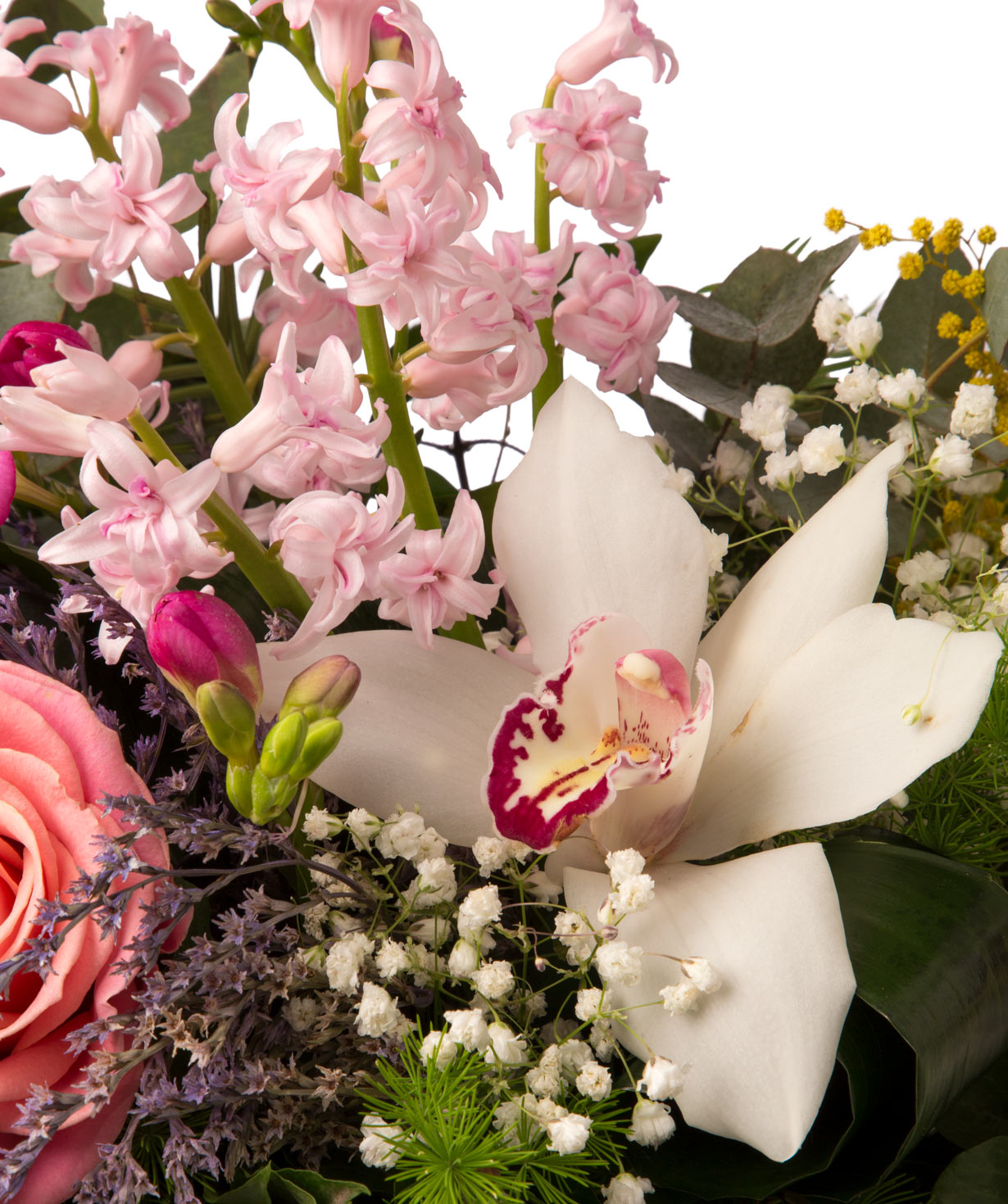 Composition `Ayer` with roses, orchids and freesias