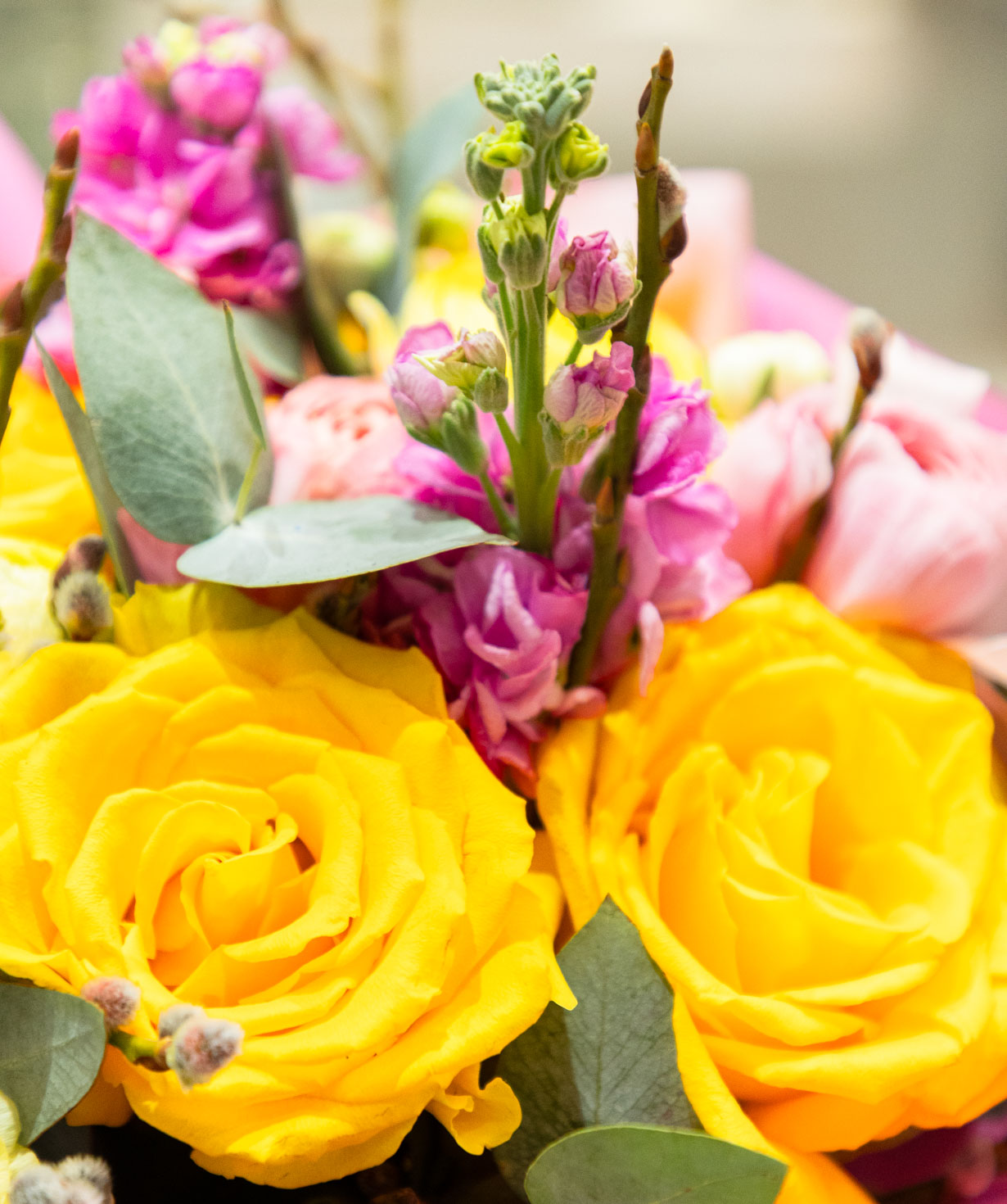 Ծաղկեփունջ «Baize» վարդերով և հրանուկներով