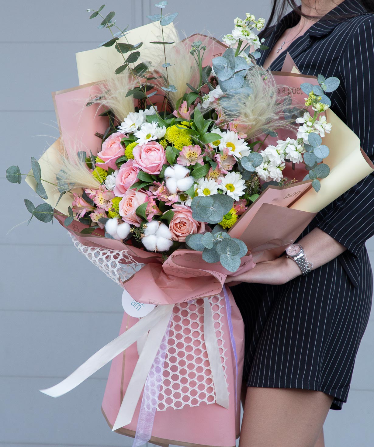 Bouquet `Mospino` with peony roses and alstroemerias