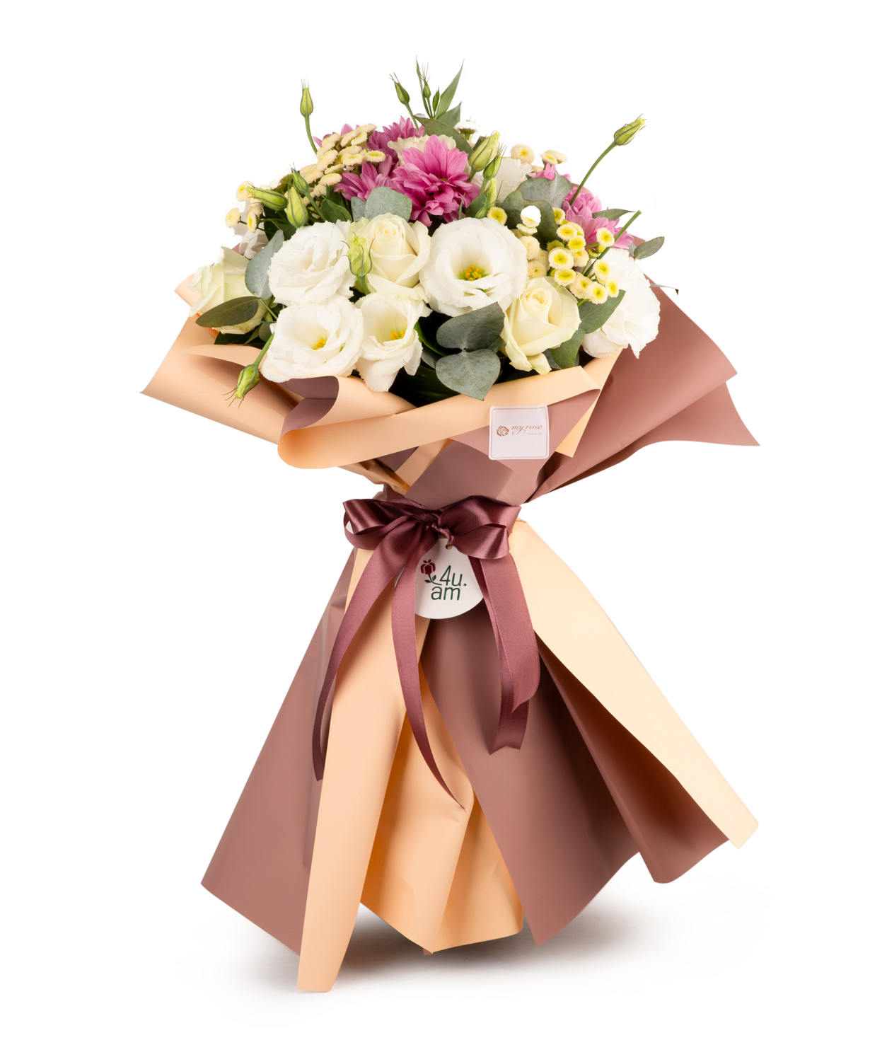 Bouquet `Glarus` with roses, chrysanthemums and lisianthus