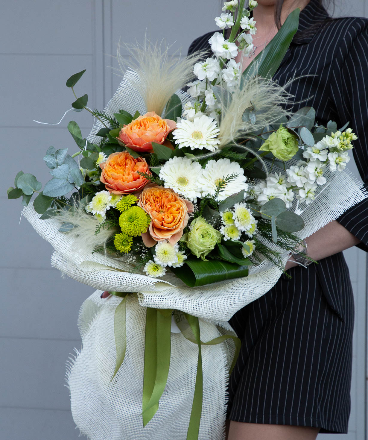 Bouquet `Mirnograd` with peony roses and chrysanthemums