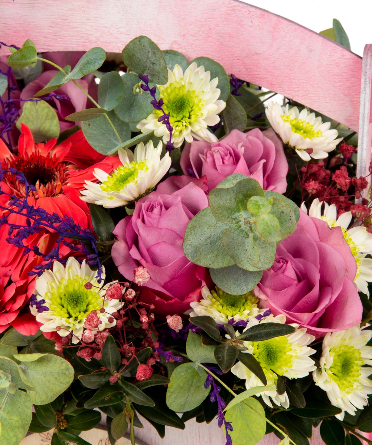 Composition `Marsa` with roses, gerberas and chrysanthemums
