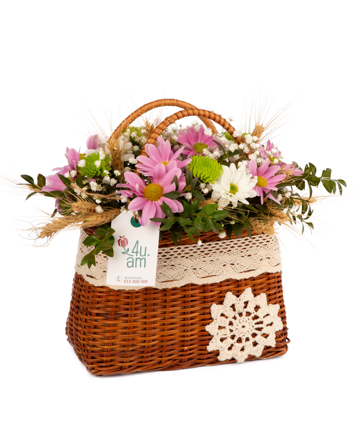 Composition `Novi` with chrysanthemums, gypsophilas and wheat ears