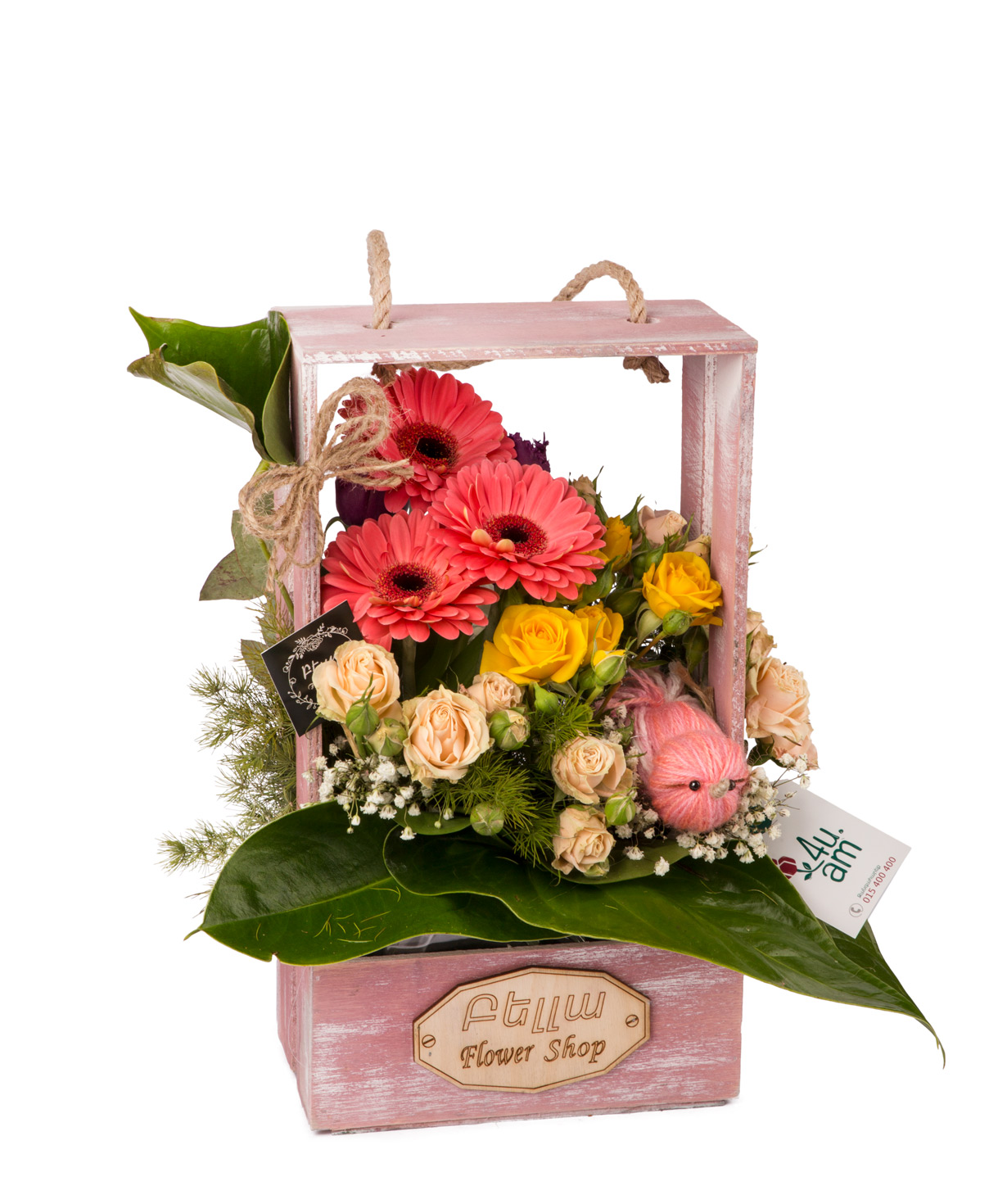 Composition `Arlon` with roses and gerberas